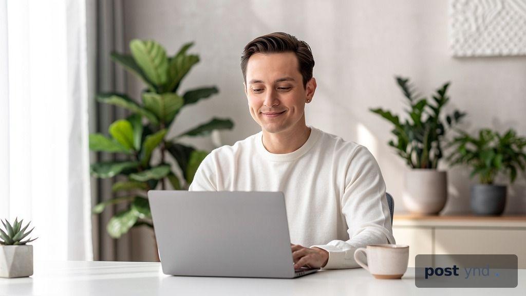 Small business owner reviewing SaaS content strategy on a laptop in a bright modern office